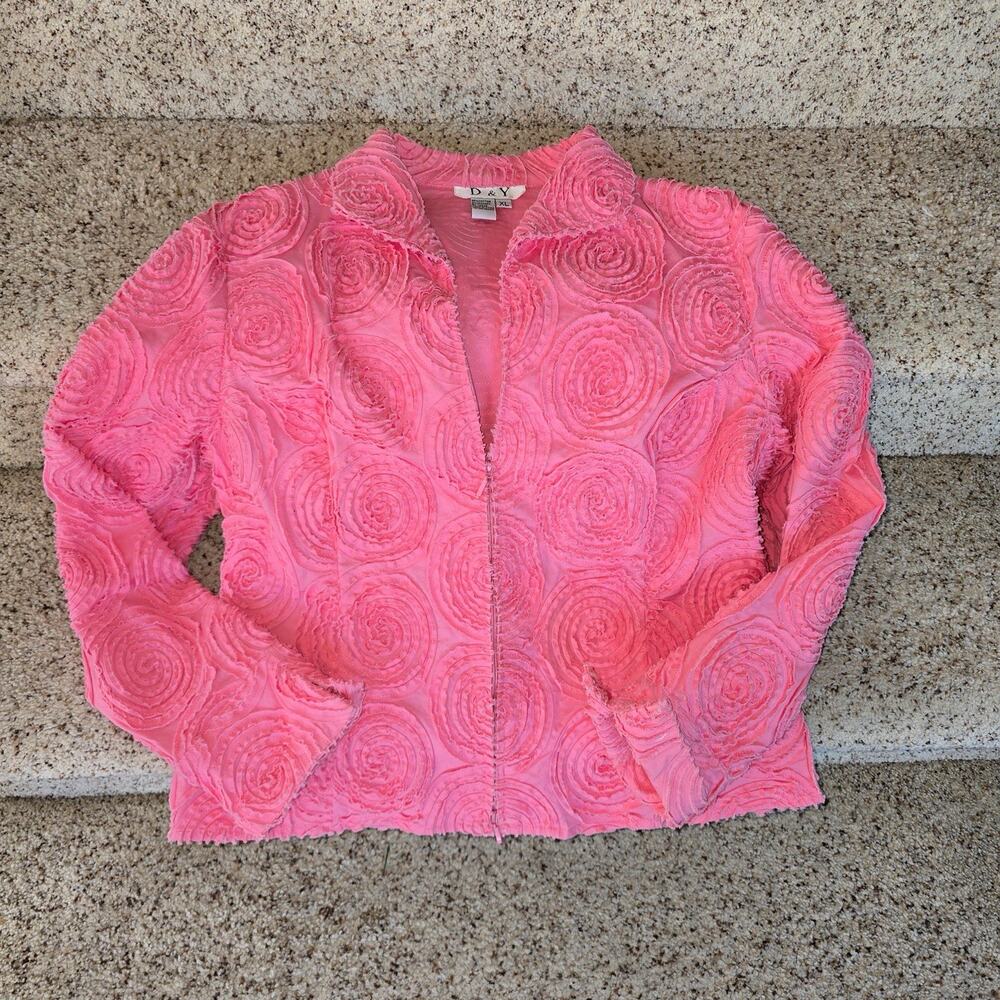 D& Y pink ribbon rosette Women's 100% cotton jacket front zip size XL stretch